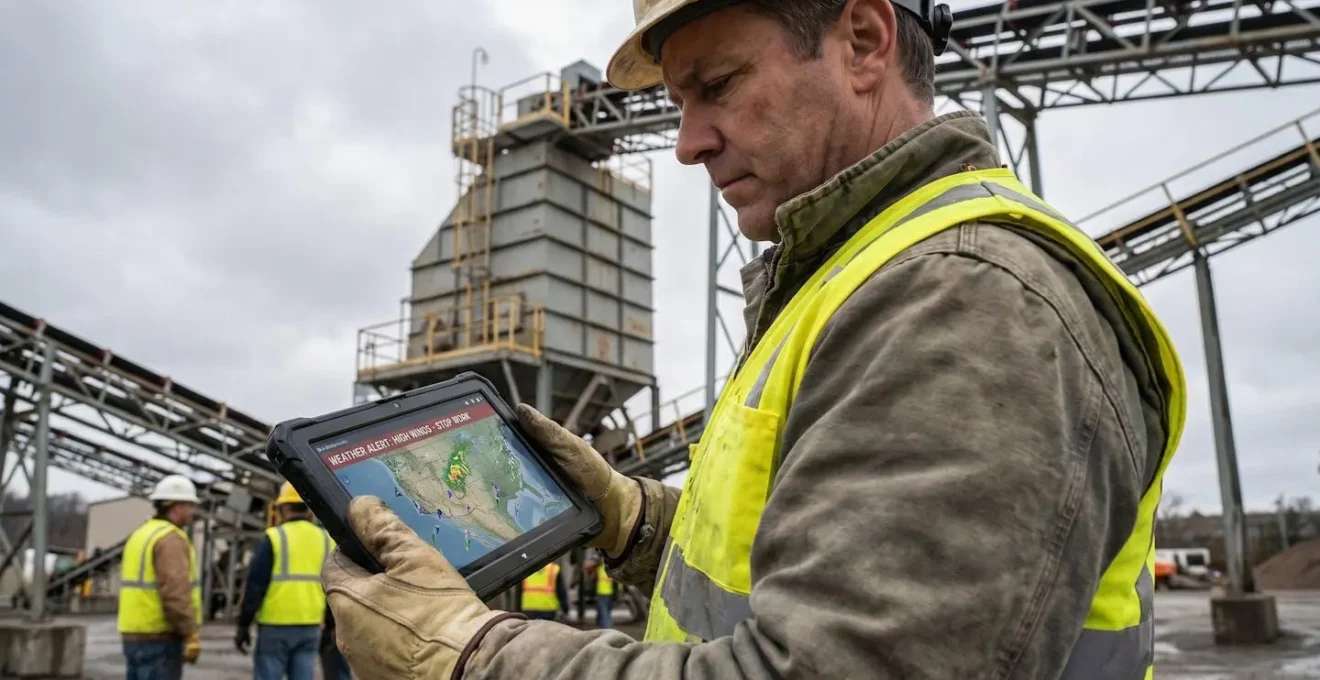 Operations manager che consulta un sistema di allerta temporali su tablet in un cantiere industriale all'aperto