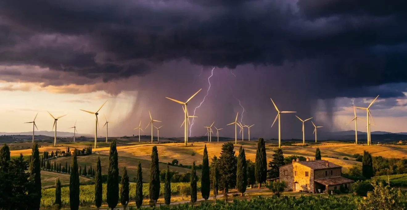 Parco eolico con turbine sotto un cielo minaccioso con temporale in avvicinamento