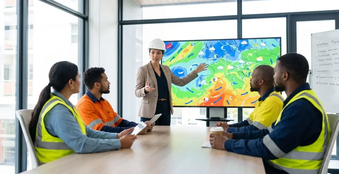 Responsabile HSE che conduce una sessione di formazione sul rischio fulmineo con un team di tecnici in sala riunioni